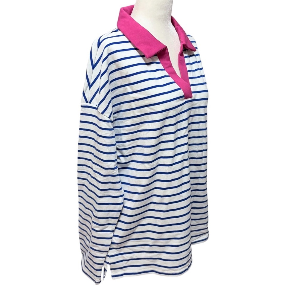 NEW‎ Blue White Striped Long Sleeve Polo Pullover Sweatshirt Medium Pink Collar - Picture 3 of 6